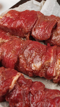 Fresh cuts of beef ready for cooking on a kitchen counter in the afternoonの写真素材