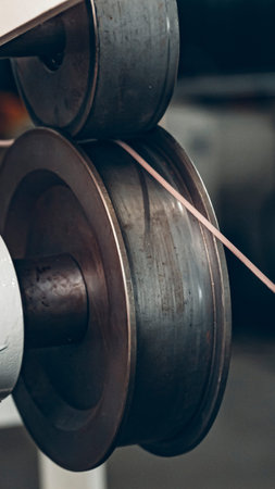 Close up of a metal pulley in a workshop with a wire being processed