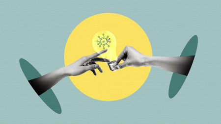 Hands touch to share an idea in a creative depiction of collaboration and innovation