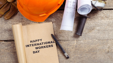 International Workers Day celebration on May 1 with a hard hat and a message