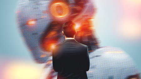 Exploration of artificial intelligence by a man in formal wear looking at a robot