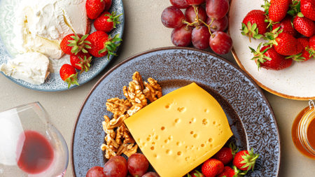 Cheese and fruit platter with wine glass on a tabletop during a gathering