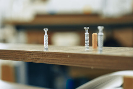 Tools and materials on a workspace in a furniture workshop showing preparation for assembly