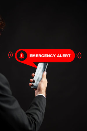 Man holds a smartphone displaying an emergency alert in a dark setting during an urgent situation