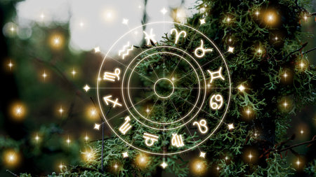Astrology zodiac signs displayed on a green background in a forest setting