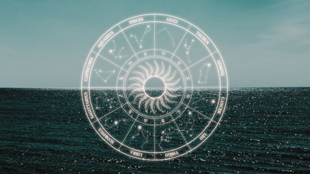 Astrology zodiac signs arranged in a circle over a calm ocean view under a clear sky