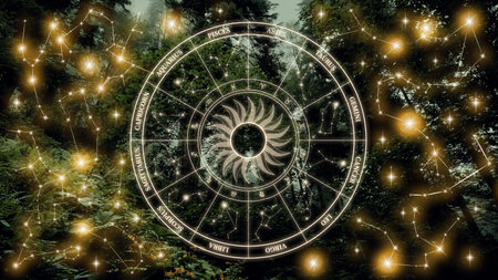 Astrology zodiac signs chart with constellations in a forest setting