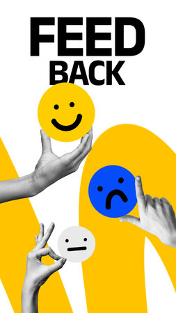 Hands holding feedback symbols on a bright background display human emotions and reactions