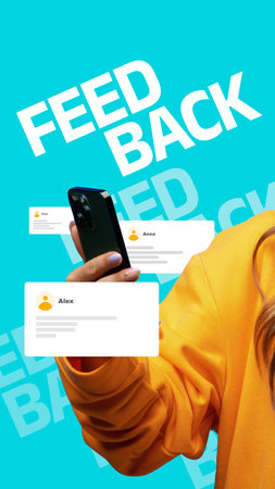 People sharing their feedback using smartphones on a blue background