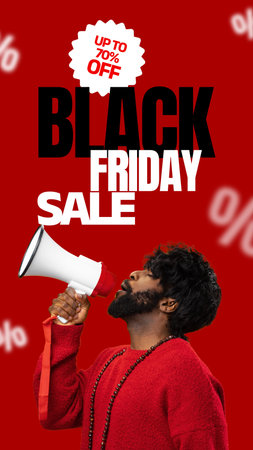 Black Friday sale with a person holding a megaphone advertising discounts in a lively setting