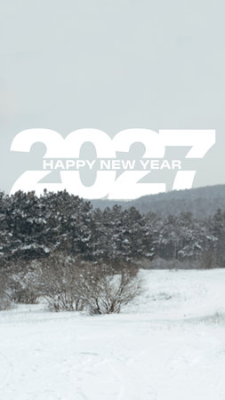 Snowy landscape showing the celebration of New Year 2027 with decorations and greetings in the foreground