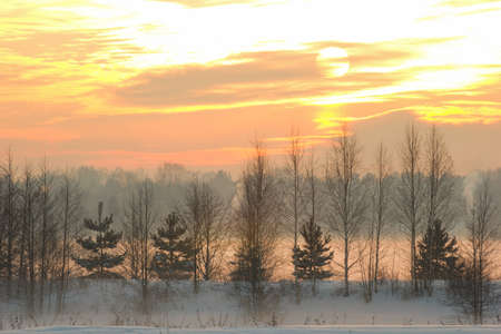 Sunset over the village and the winter fog.の写真素材