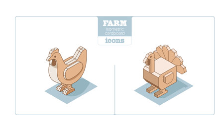 Isometric cardboard icons of hen and turkey on a white background.のイラスト素材
