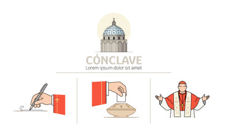 Vector illustration depicting the key elements of a papal conclave, including the voting process, writing, and the figure of a cardinal.のイラスト素材