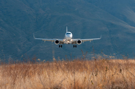 An airplane seen from a frontal perspective with the landing gear deployed and the landing lights on, indicating its final phase of flight.の写真素材