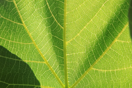 Macro photography of a backlit green leaf, revealing its intricate network of veins in detail. Sunlight illuminates the structure, creating an abstract pattern ideal for backgrounds and concepts of biology or connection.の写真素材