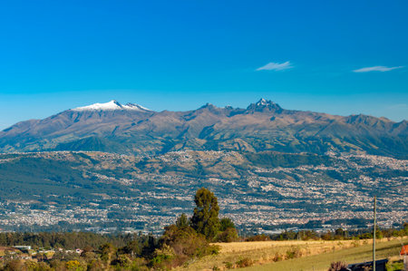 Panoramic view of the Pichincha volcanoes overlooking the city of Quito, Ecuador.の写真素材