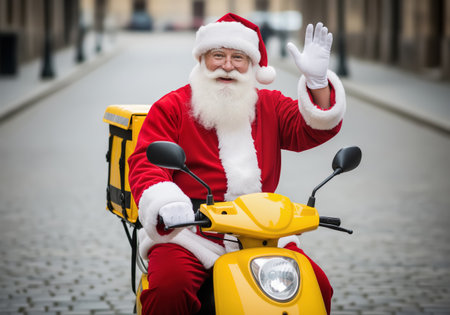 A jolly Santa Claus in his traditional red suit and white beard waves while sitting on a bright yellow delivery scooter. The scooter carries a large delivery box, and the elderly man is standing on a cobblestone street outside. This modern image blends the Christmas spirit with the logistics of package delivery.の素材