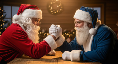 Intense and fun rivalry between two Santas (one red, one blue) arm wrestling on a wooden table, symbolizing the competition of the Christmas season.の素材