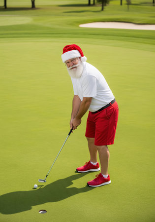 Santa Claus taking a break from his Christmas duties playing golf.の素材