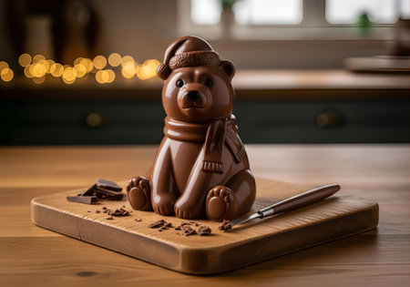 Charming Christmas chocolate bear with a Santa hat and scarf, presented on a wooden board in a warm festive setting with bokeh lights.の素材