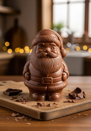 Chocolate Santa Claus figurine, displayed on a wooden boardの素材