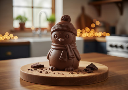 Adorable chocolate penguin figurine, dressed for Christmas with a hat and scarf, presented on a wooden board in a kitchen with warm bokeh lights for a festive and winter atmosphere.の素材