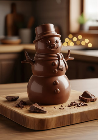 Chocolate snowman with a hat and scarf displayed on a wooden board with bokeh lights in the background.の素材
