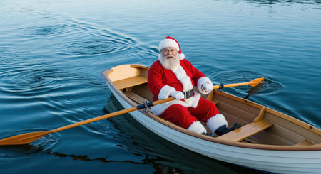 Santa Claus takes a break from the snow and enjoys Christmas rowing a classic boat on the blue water. This Santa on vacation concept is fun and unusual, perfect for travel themes or Christmas humor.の素材