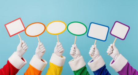 Six hands wearing white gloves and rainbow-colored Santa Claus suits hold up blank signs with colored borders. Ideal for diversity and inclusion themes.の素材