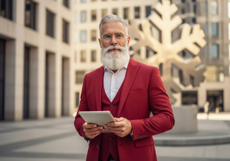 Modern Businessman Inspired by Santa Claus with Tablet in Christmas Corporate Environmentの素材