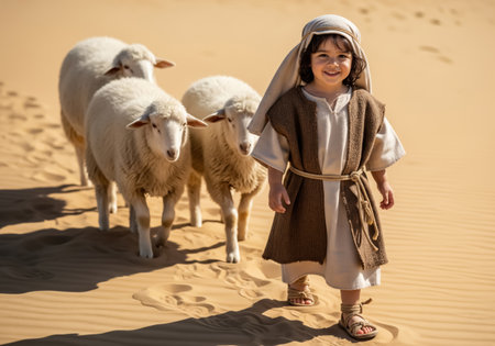 Depiction of a child embodying the Child Jesus or the Good Shepherd, leading his sheep in a hot desert. The image symbolizes faith, innocence, and protection in a biblical context.の素材