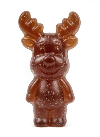 Close-up of a brown reindeer gummy candy, covered with small granulated sugar crystals, on a pure white background.の素材