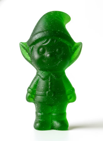 Vertical close-up of a bright green gummy elf figure standing on a pure white backgroundの素材