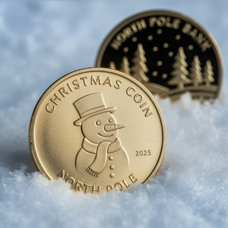 Toy gold coin with an embossed snowman and the text "CHRISTMAS COIN NORTH POLE" embedded in white snow.の素材