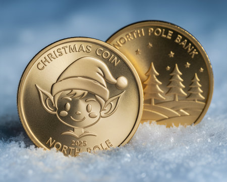Detailed close-up of two fantasy gold coins, one featuring a Christmas elf wearing a hat and the words "CHRISTMAS COIN," and the other depicting pine trees from a North Pole Bank.の素材