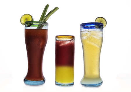 Three refreshing drinks white background, clamato, michelada beer