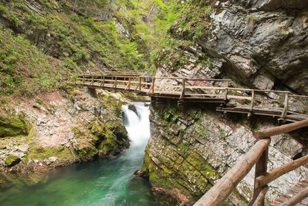 Walking in the gorge of Vintgar in Sloveniaの写真素材