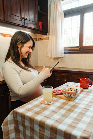 pregnant Hispanic woman, recording audio on her cell phone, while holding her belly and looking out the kitchen window.の写真素材