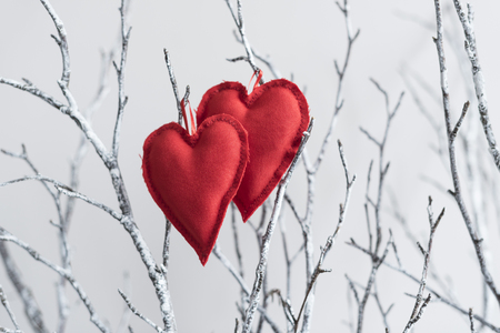 two red hearts fabricの写真素材