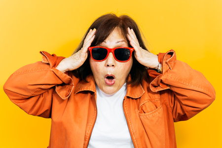 Amazed woman with red sunglasses and orange jacket on yellow colored backgroundの写真素材