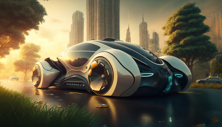Futuristic electric car in a sustainable cityの素材