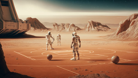 A group of astronauts playing basketball on an alien planet, Generative aiの素材