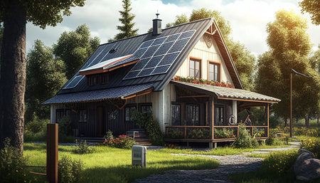 An eco friendly house with solar panels in the countryside, generative aiの素材