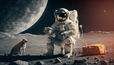 An astronaut on an earth-like planet plays with a dog with the moon on the background, Generative aiの素材