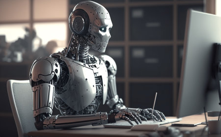 A robot works at the computer, generative aiの素材