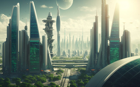 An eco-friendly futuristic city full of solar panels, Generative aiの素材
