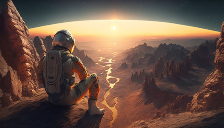 Astronaut rests admiring the view on an extraterrestrial planet, Generative aiの素材