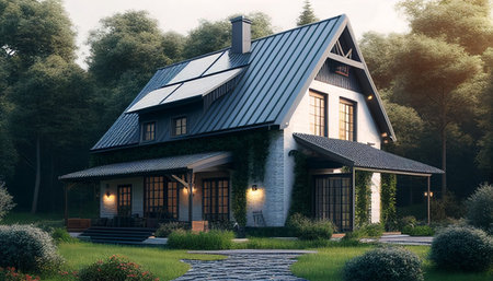An eco friendly house with solar panels in the countryside, generative aiの素材