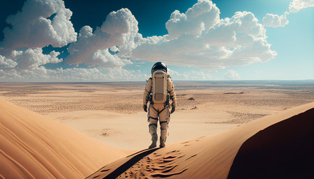 Astronaut with aerospace suit walks in a new planet looking for intelligent life forms, generated AIの素材
